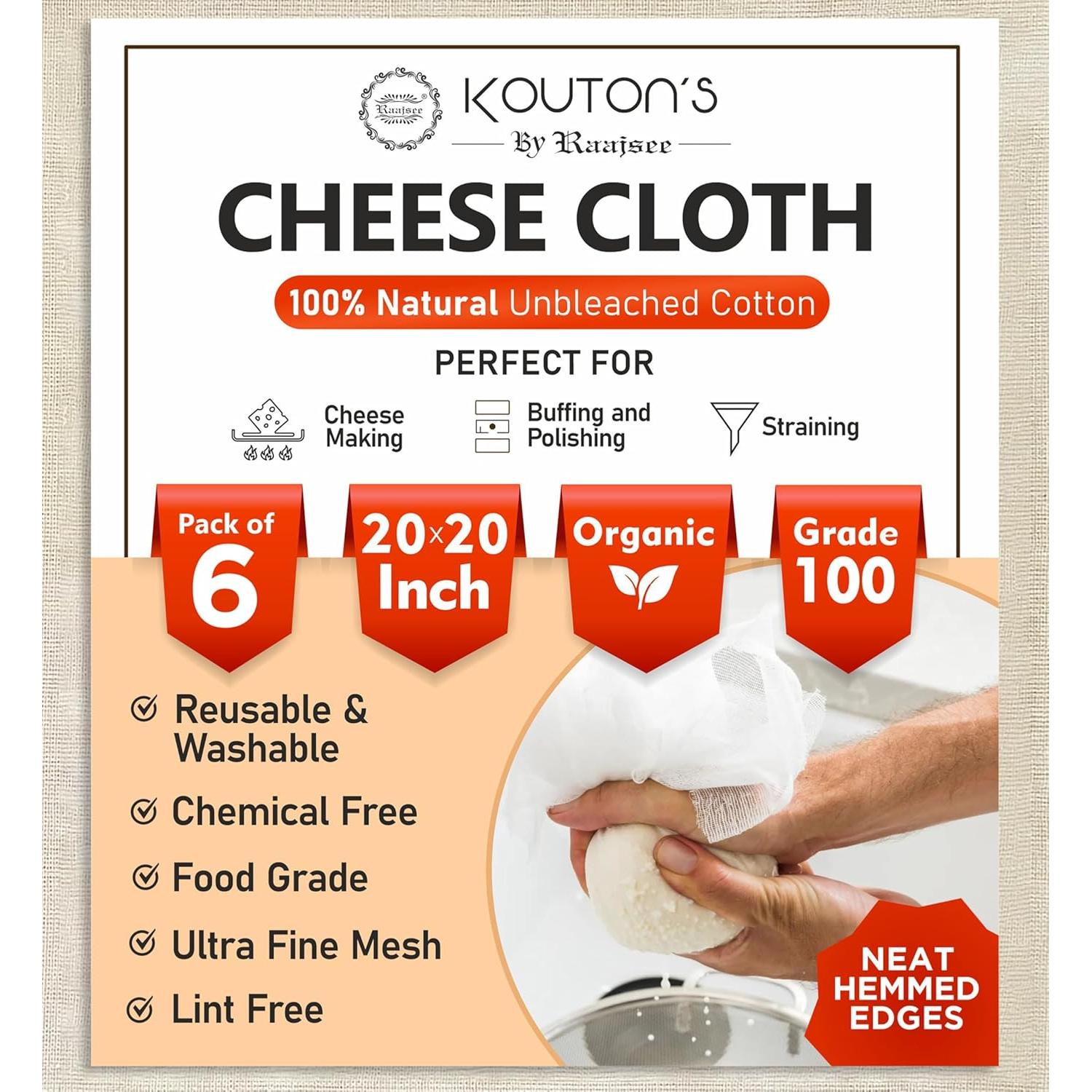Paños de Queso Raajsee 6 Pcs 100% Algodón Orgánico 50.8x50.8 cm
