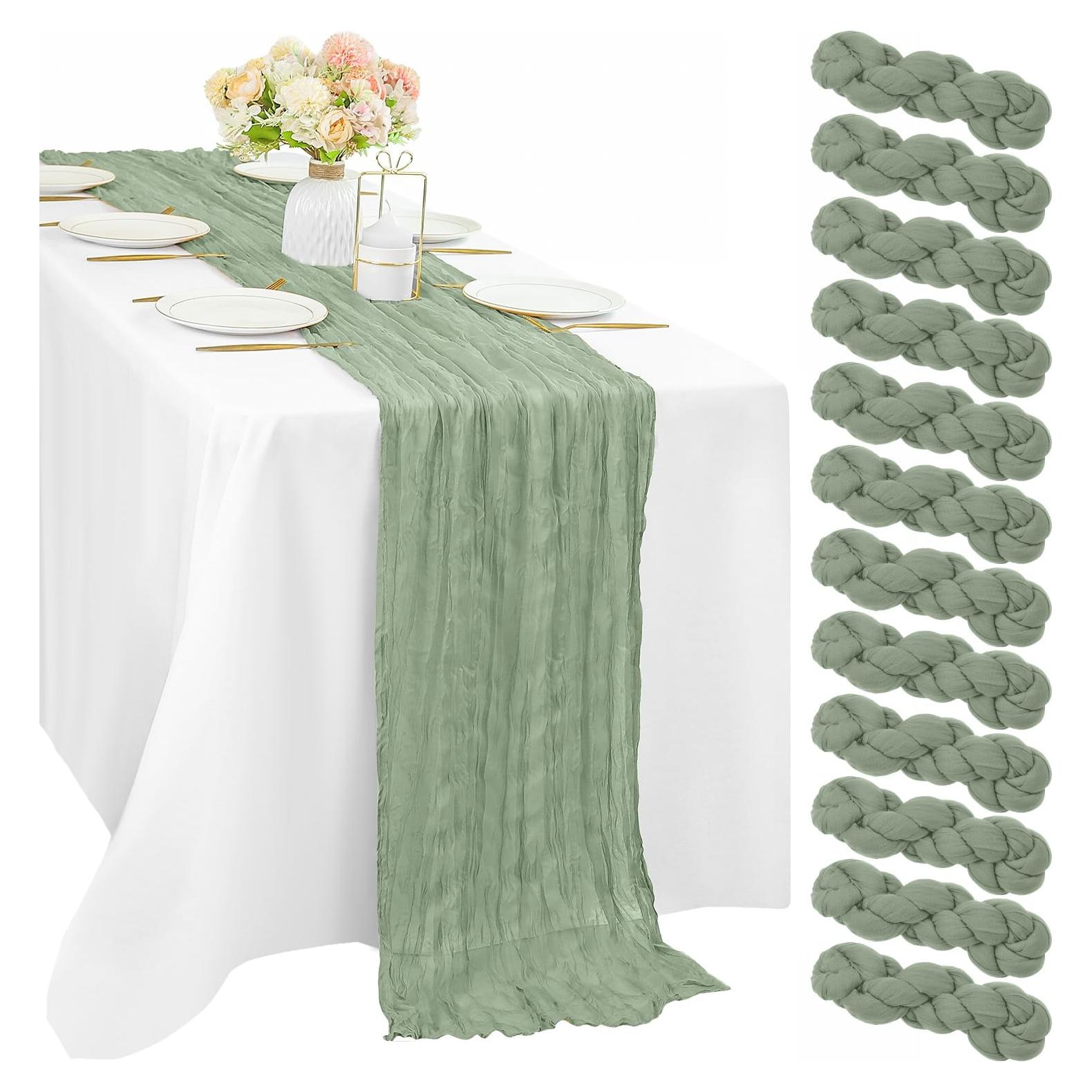 12 Piezas Corredor de Mesa de Gasa Verde Salvia 89x305 cm