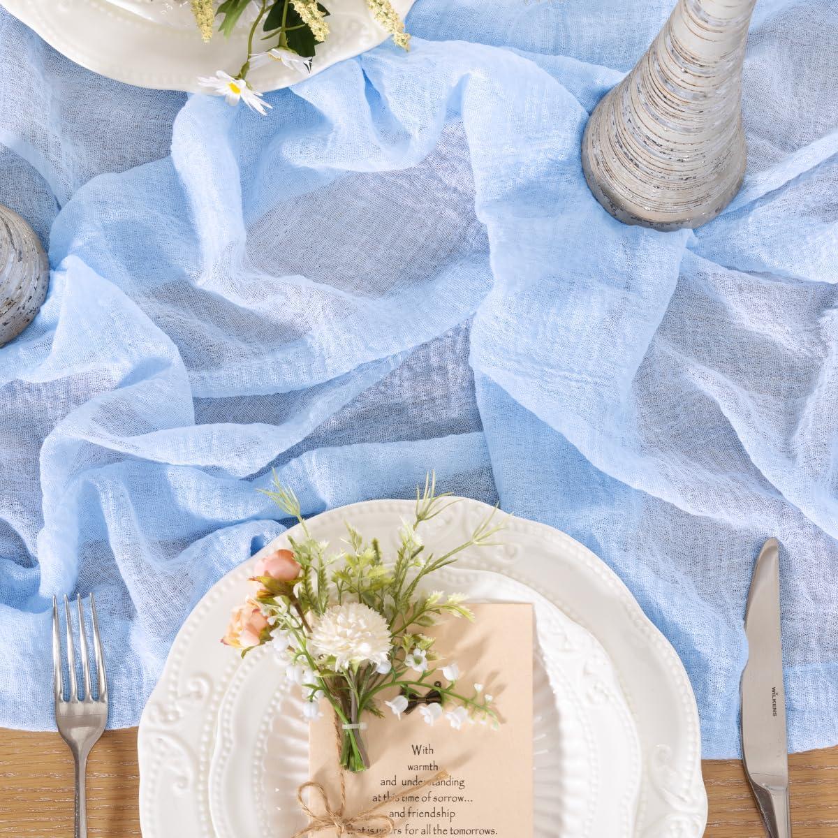 4 Piezas Cubre Mesa de Gasa Azul Claro 120x35 cm Boho Rústico