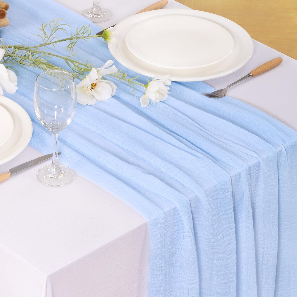 4 Piezas Cubre Mesa de Gasa Azul Claro 120x35 cm Boho Rústico