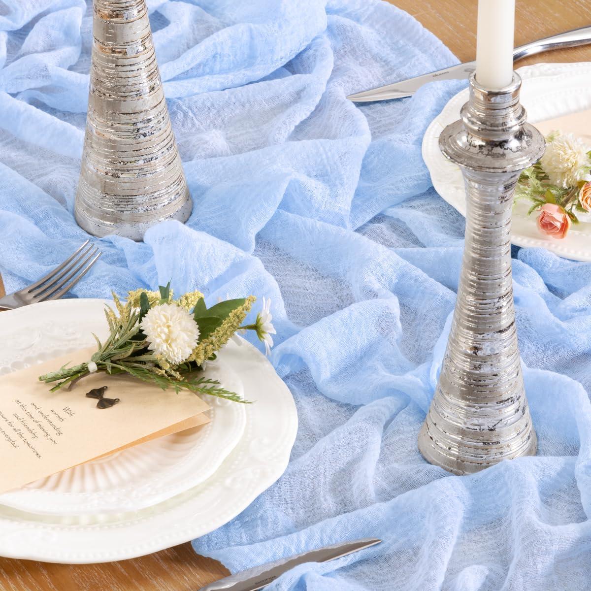 4 Piezas Cubre Mesa de Gasa Azul Claro 120x35 cm Boho Rústico