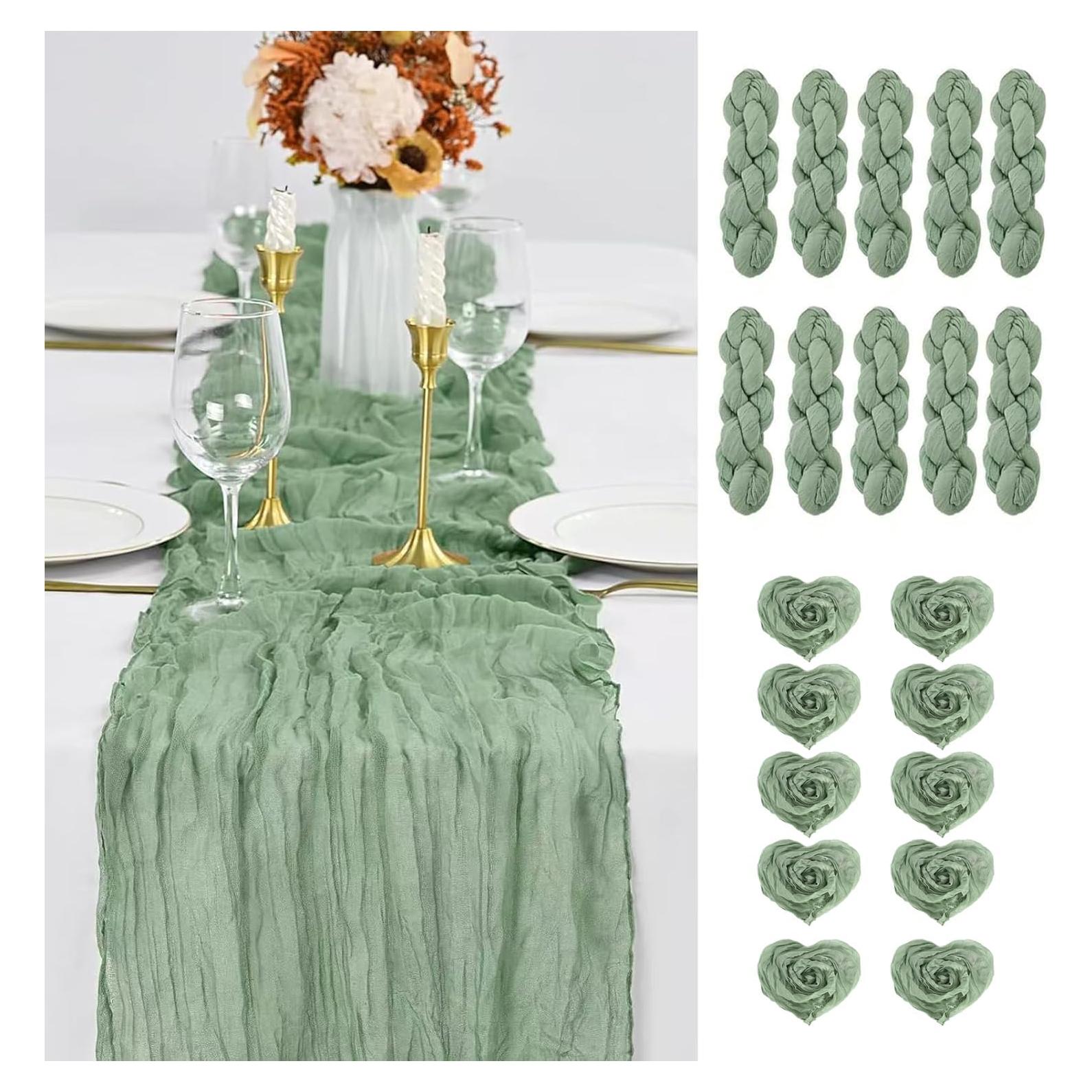 Corredor de Mesa de Gasa Verde Salvia 3m con 10 Servilletas PlatolPro
