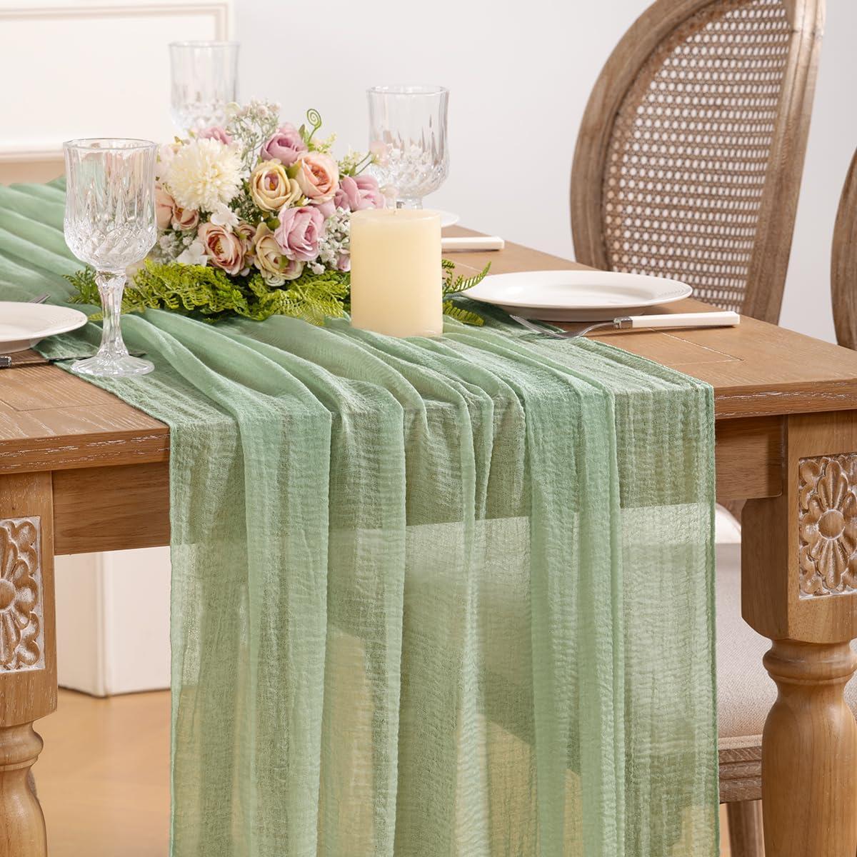 Corredor de Mesa de Gasa Verde Salvia 1.2m x 88.9cm Jimtx