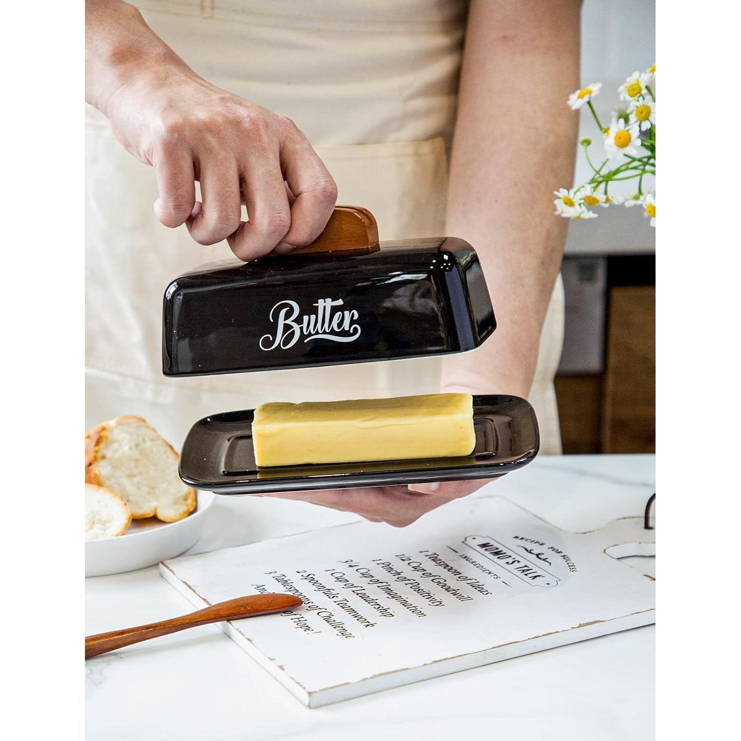 Plato de Mantequilla Cerámica AISBUGUR Negro con Tapa y Cuchillo