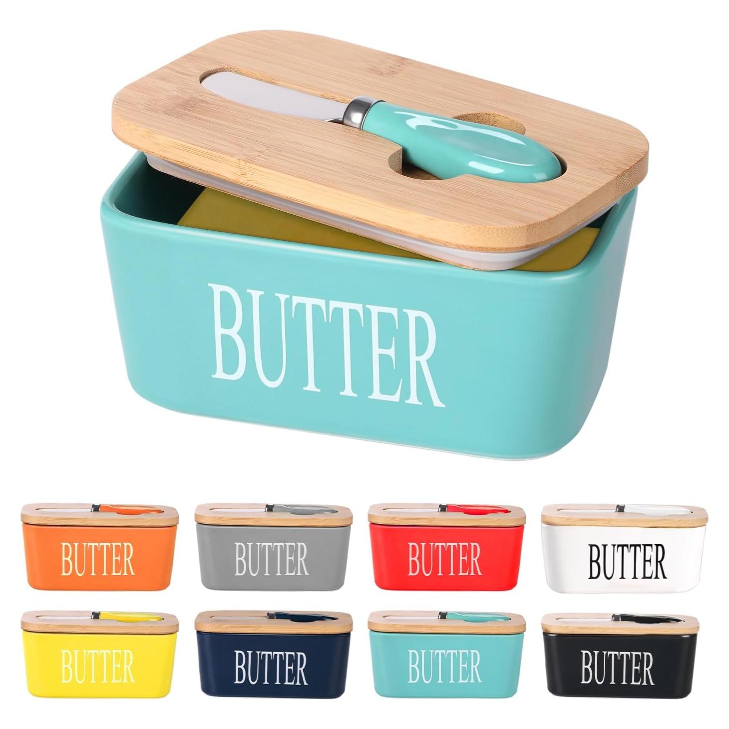 Plato de Mantequilla Cerámica Lxmons con Tapa de Bambú 16.3x10.2 cm