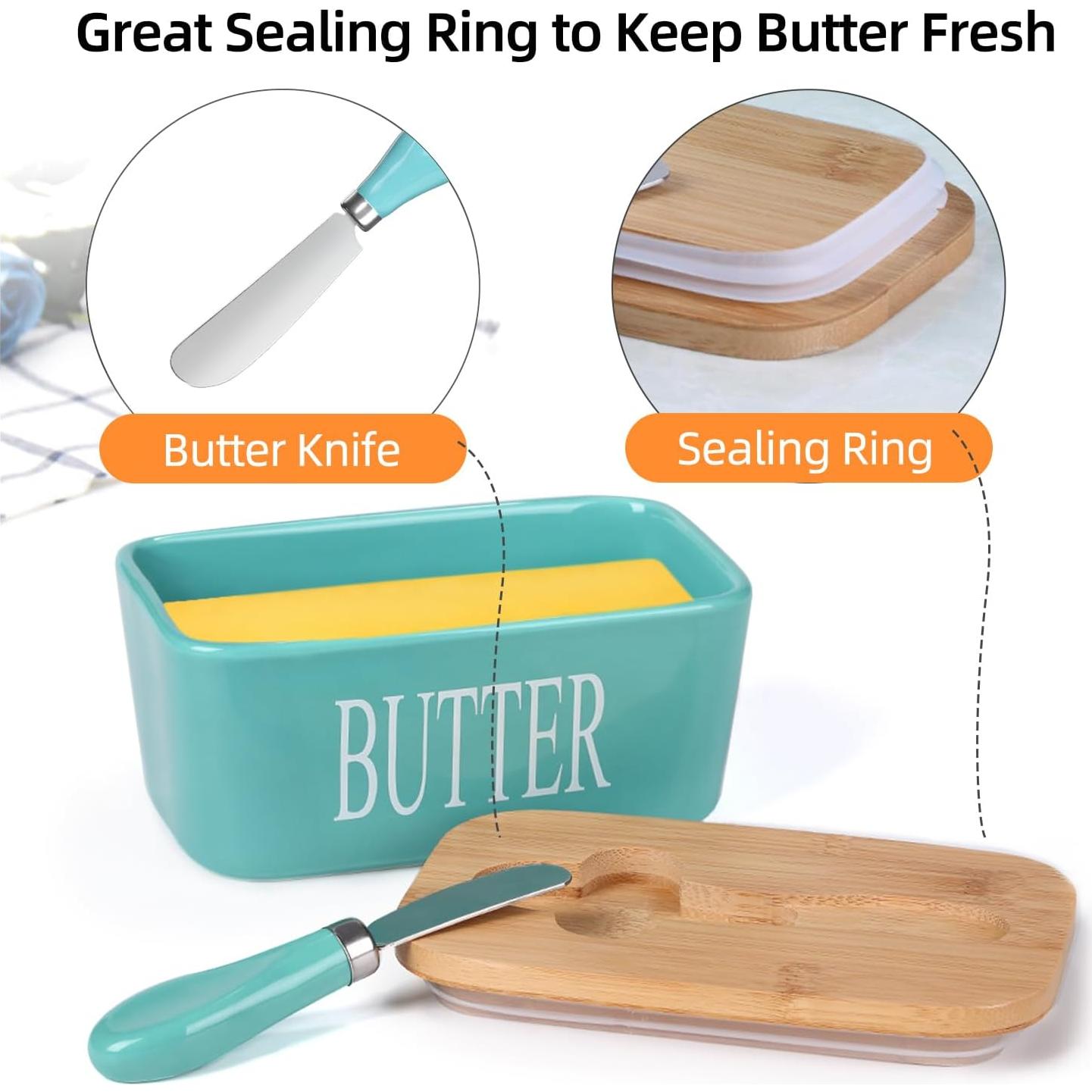 Plato de Mantequilla Cerámica Lxmons con Tapa de Bambú 16.3x10.2 cm