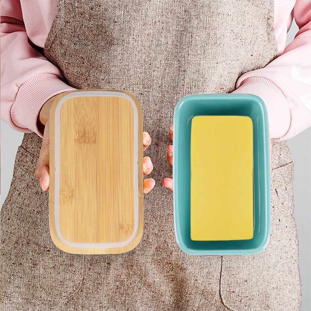 Plato de Mantequilla Cerámica Lxmons con Tapa de Bambú 16.3x10.2 cm