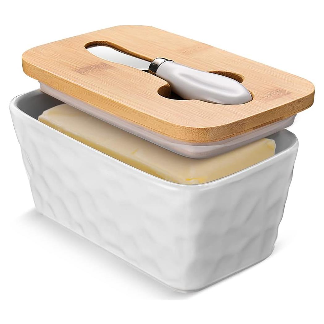 Plato para Mantequilla wtisan con Tapa y Cuchillo - Cerámica Blanca