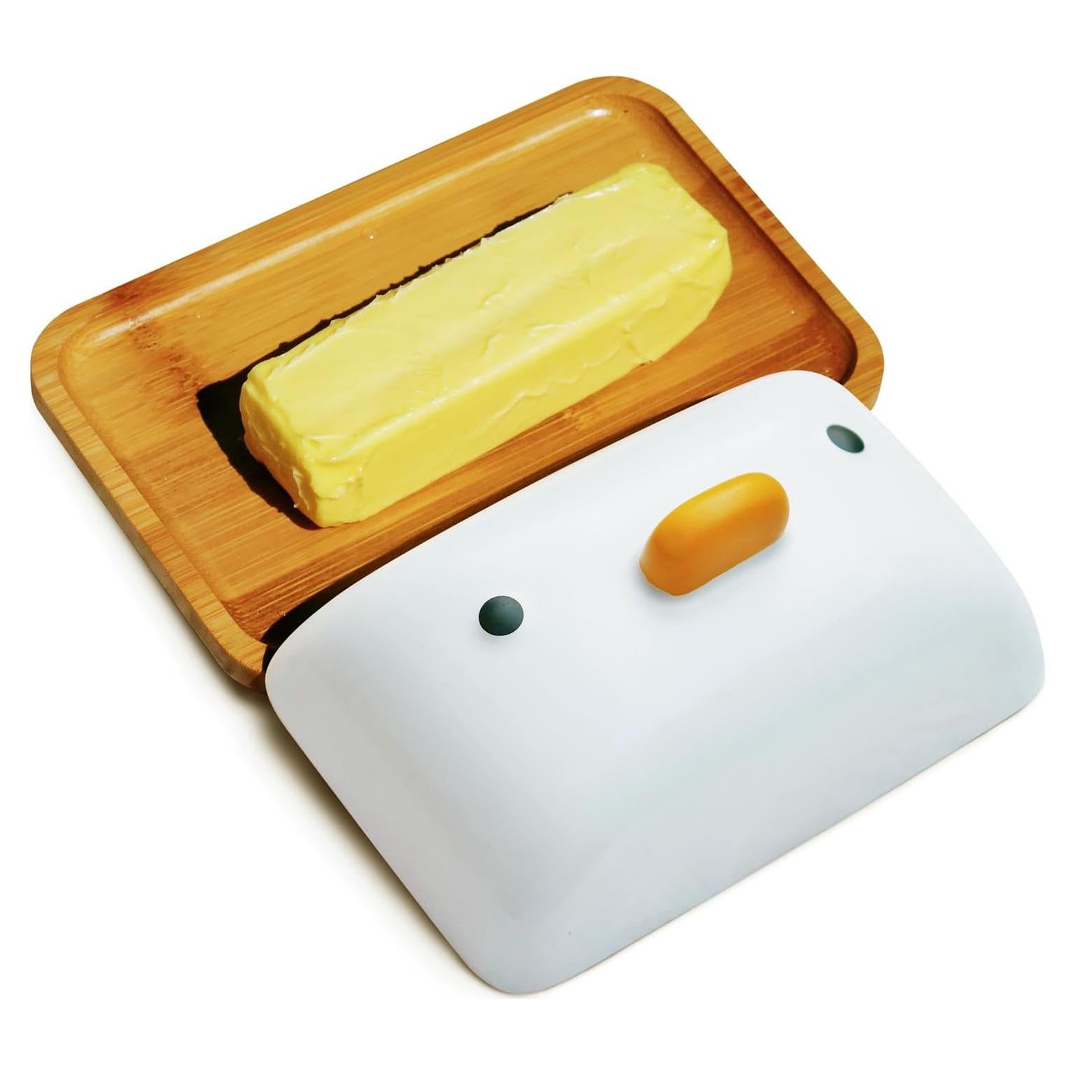 Plato de Mantequilla PURROOM con Tapa de Porcelana y Bandeja de Bambú