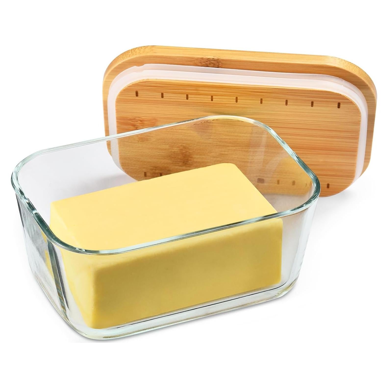 Plato de Mantequilla de Vidrio Hekeieon con Tapa de Bambú 16.5x11.4cm
