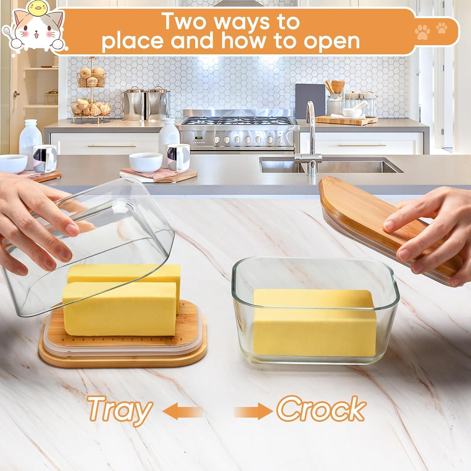 Plato de Mantequilla de Vidrio Hekeieon con Tapa de Bambú 16.5x11.4cm