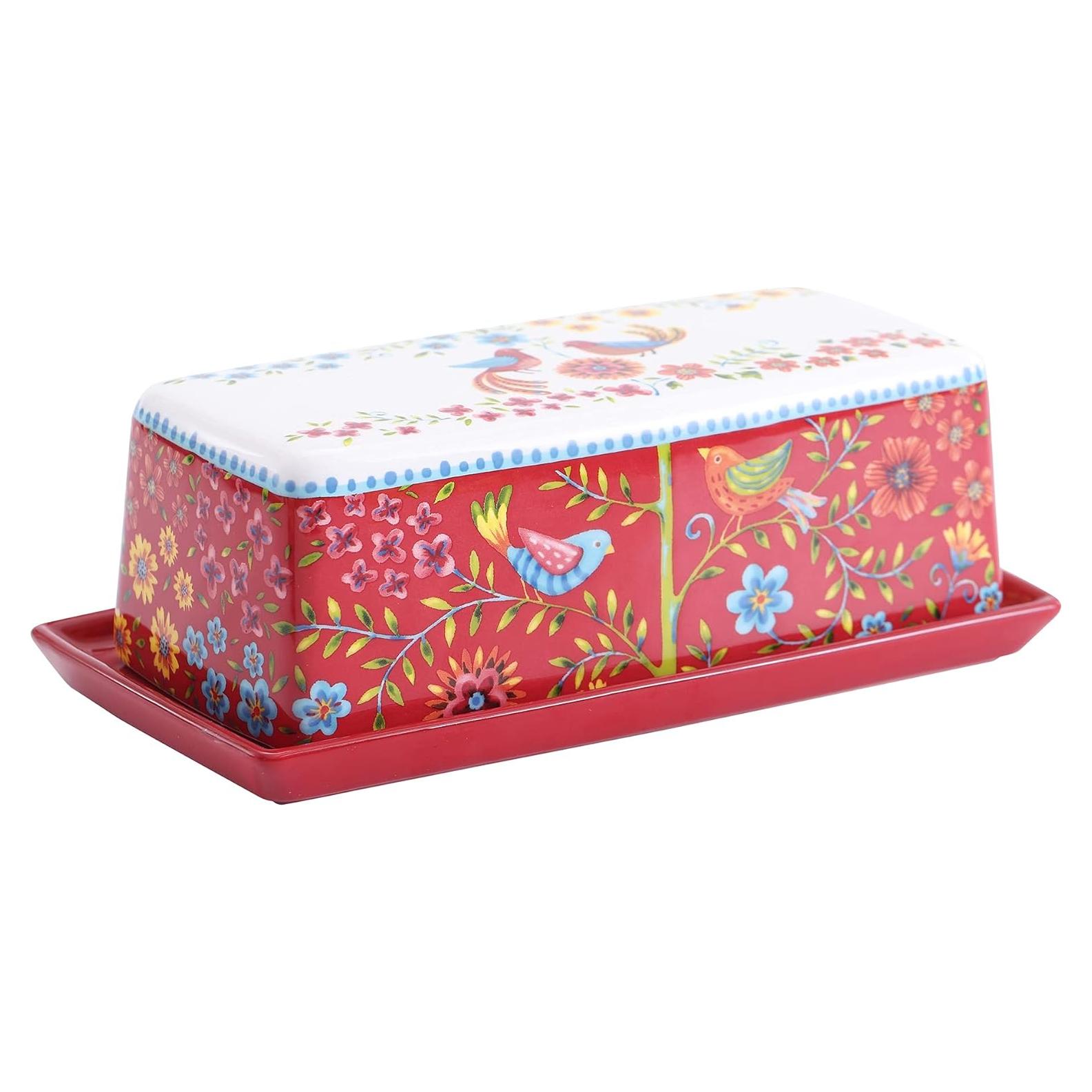 Plato de Mantequilla Cerámica Bico Pájaro Primavera Roja 19.5x10.4cm