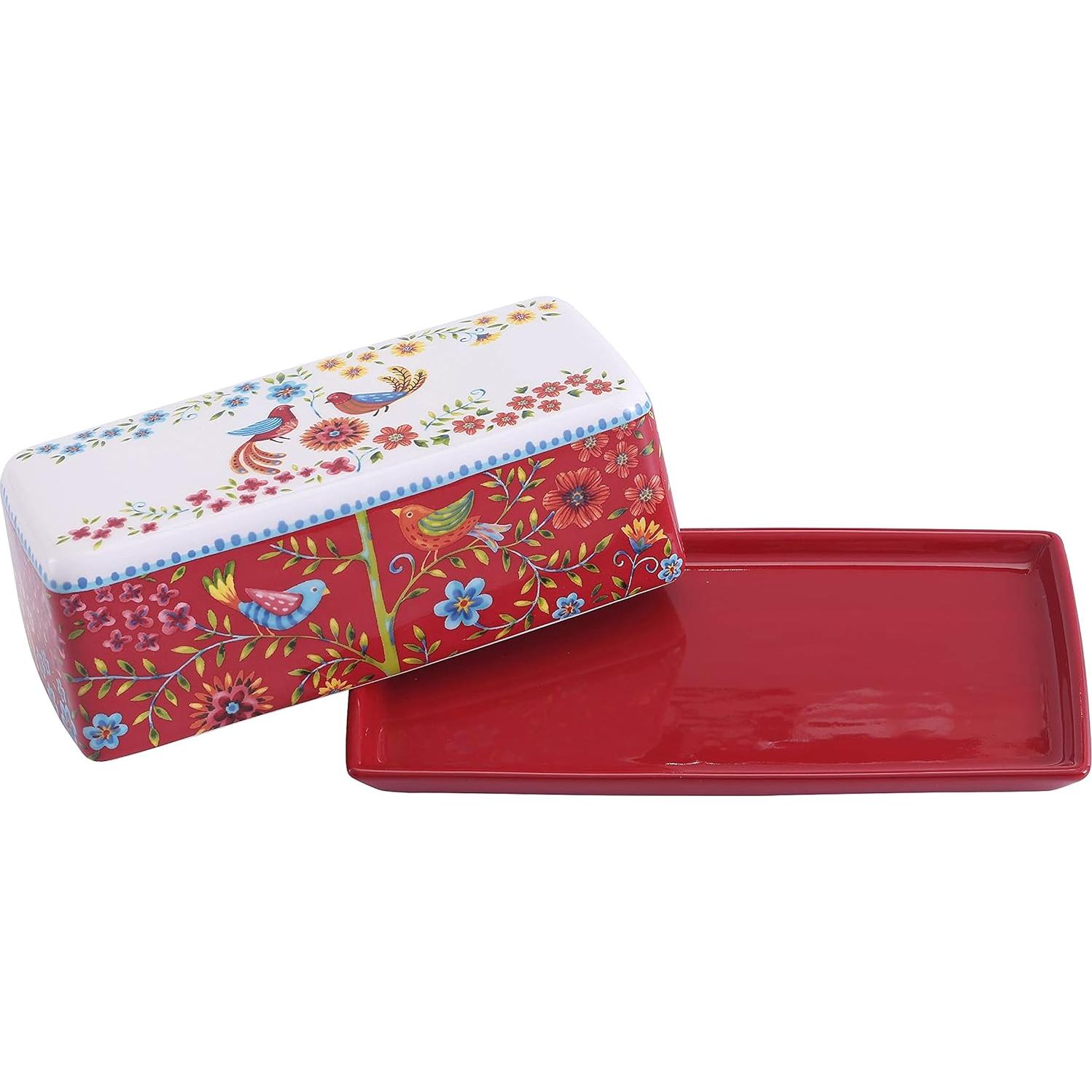 Plato de Mantequilla Cerámica Bico Pájaro Primavera Roja 19.5x10.4cm