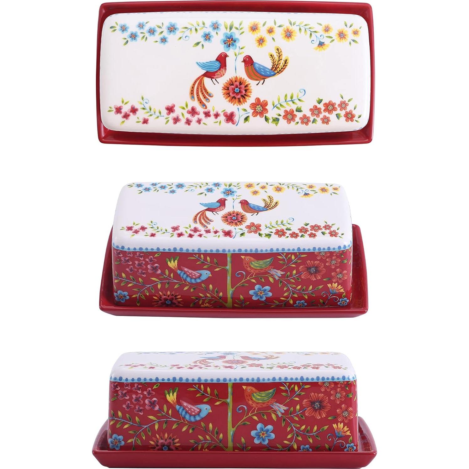 Plato de Mantequilla Cerámica Bico Pájaro Primavera Roja 19.5x10.4cm