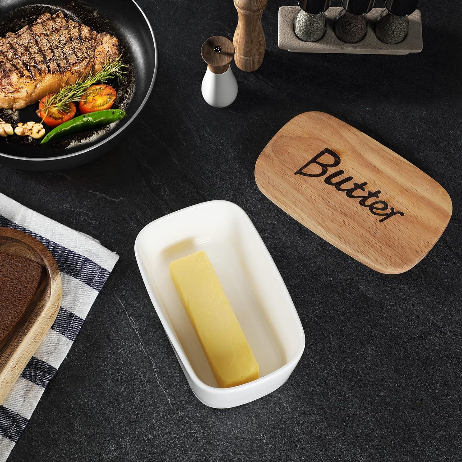 Plato de Mantequilla GDCZ Cerámica con Tapa de Madera - Blanco