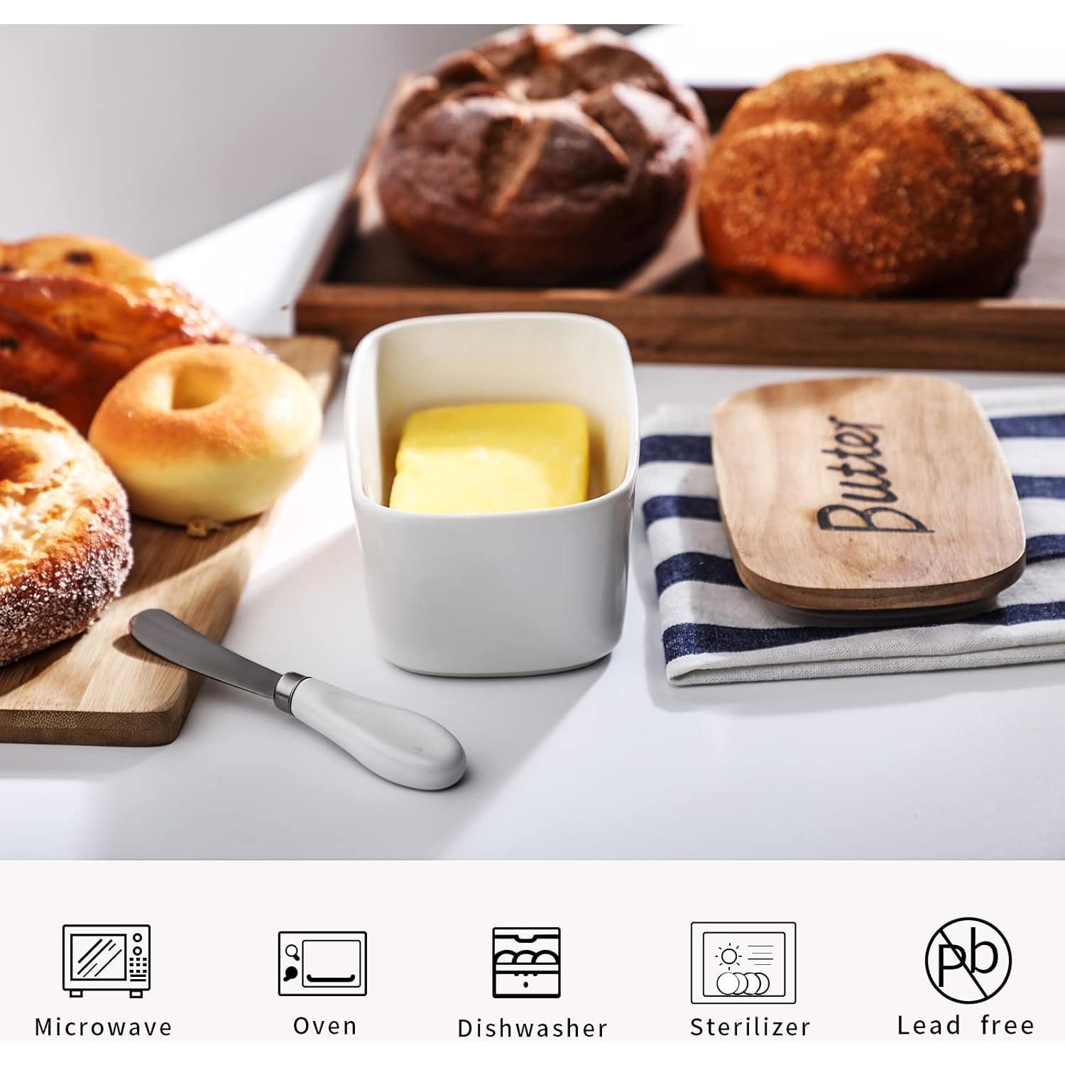 Plato de Mantequilla GDCZ Cerámica con Tapa de Madera - Blanco