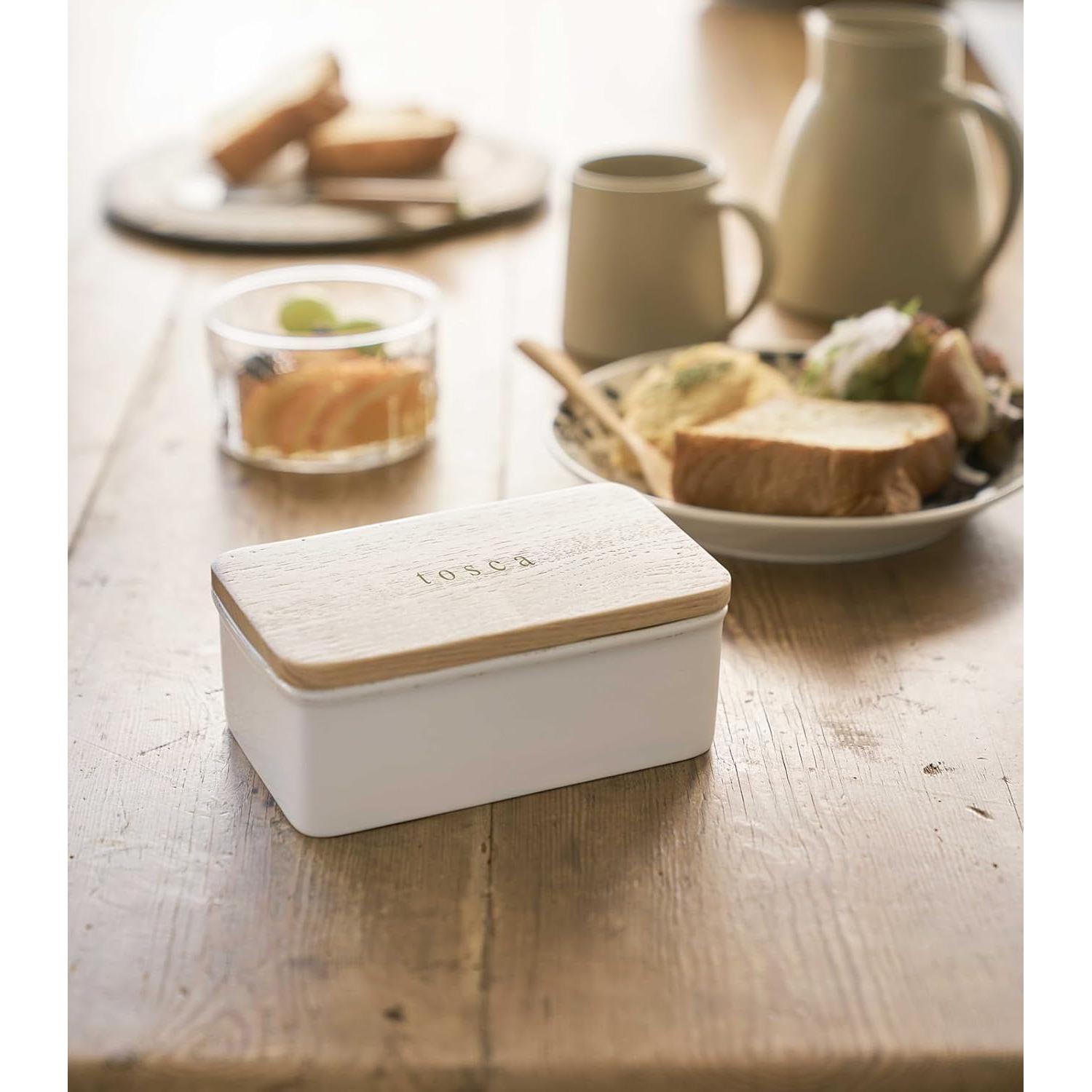 Plato de Mantequilla Cerámica Yamazaki Home con Tapa de Madera