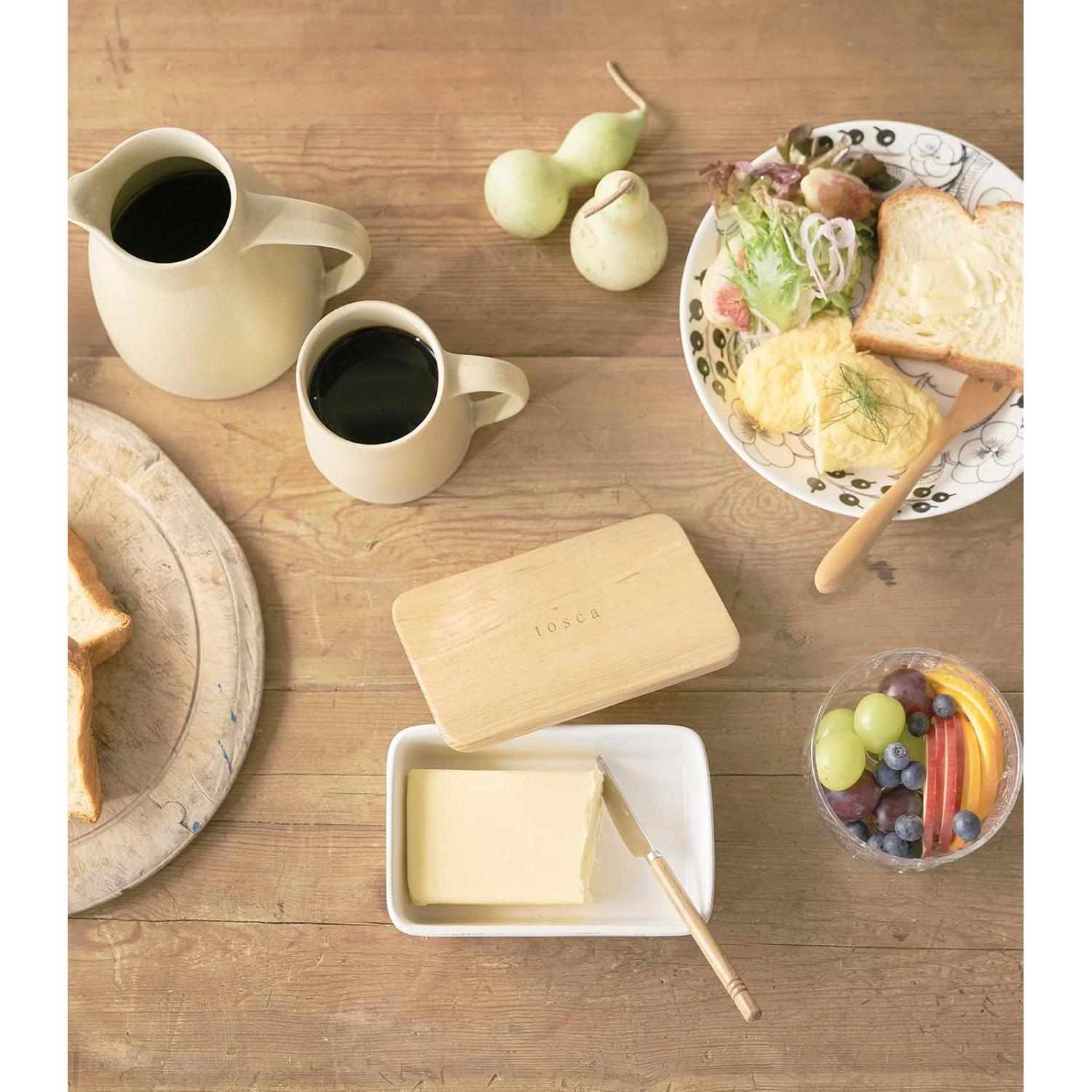 Plato de Mantequilla Cerámica Yamazaki Home con Tapa de Madera