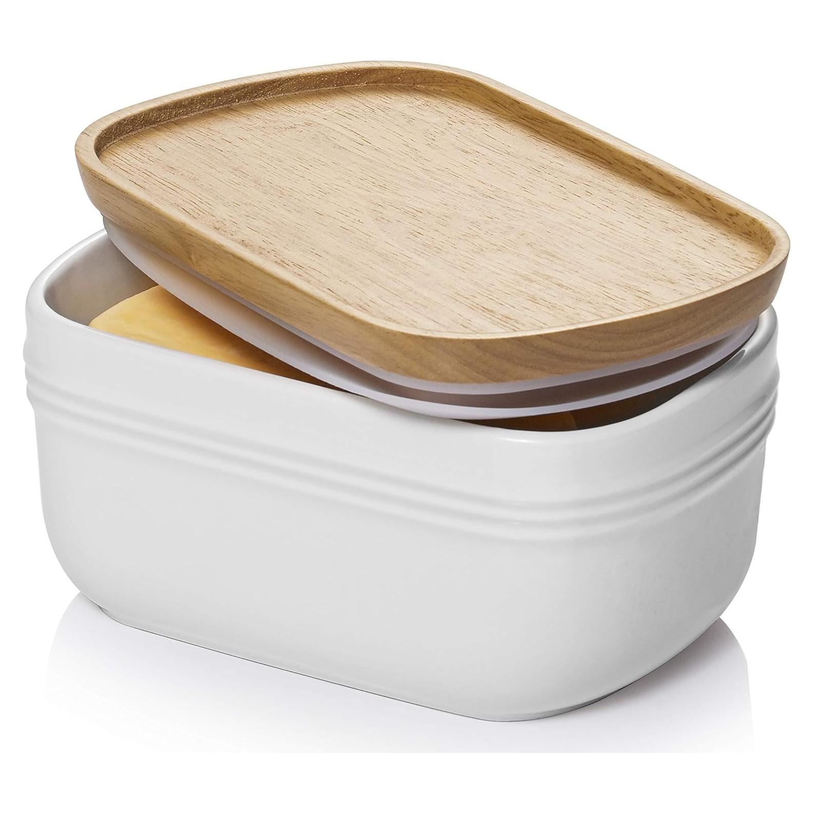 Plato de Mantequilla DOWAN Cerámica Blanco con Tapa de Madera