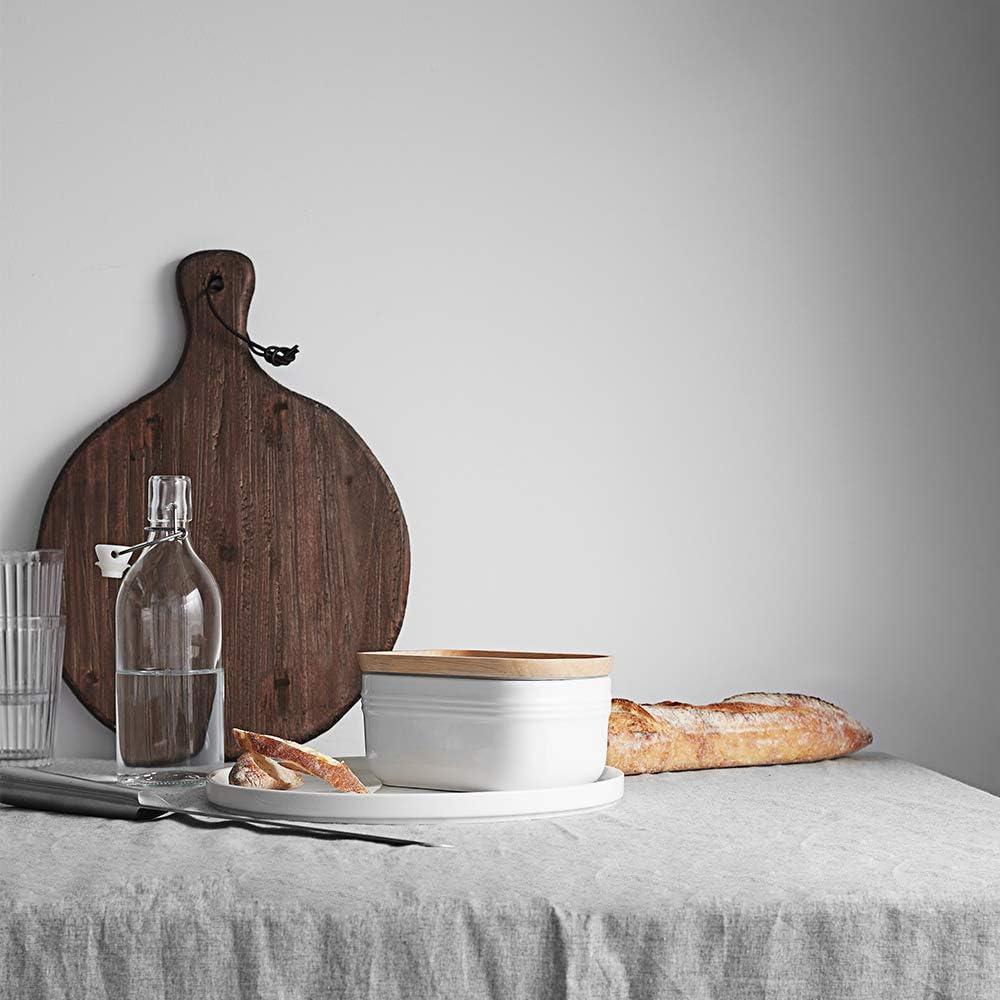 Plato de Mantequilla DOWAN Cerámica Blanco con Tapa de Madera