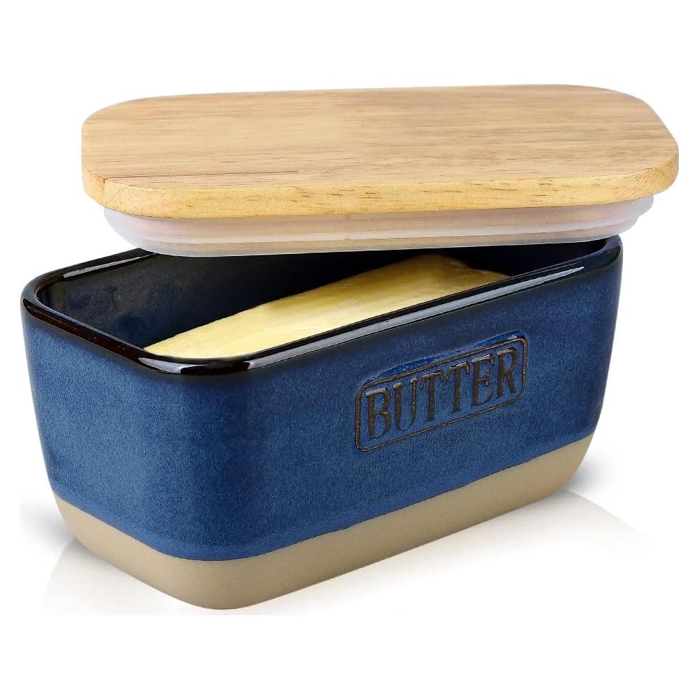 Plato de Mantequilla Cerámica HVH con Tapa de Madera Azul