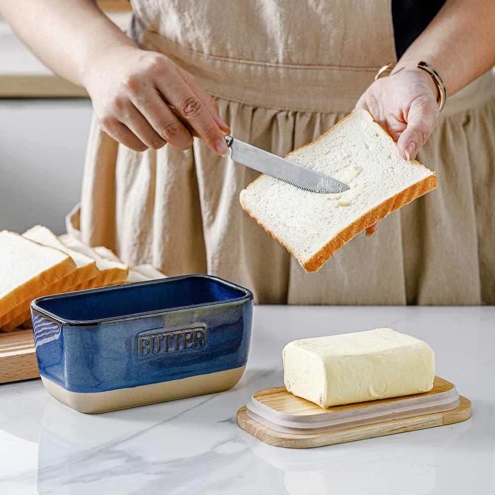 Plato de Mantequilla Cerámica HVH con Tapa de Madera Azul