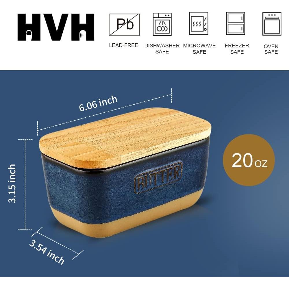 Plato de Mantequilla Cerámica HVH con Tapa de Madera Azul