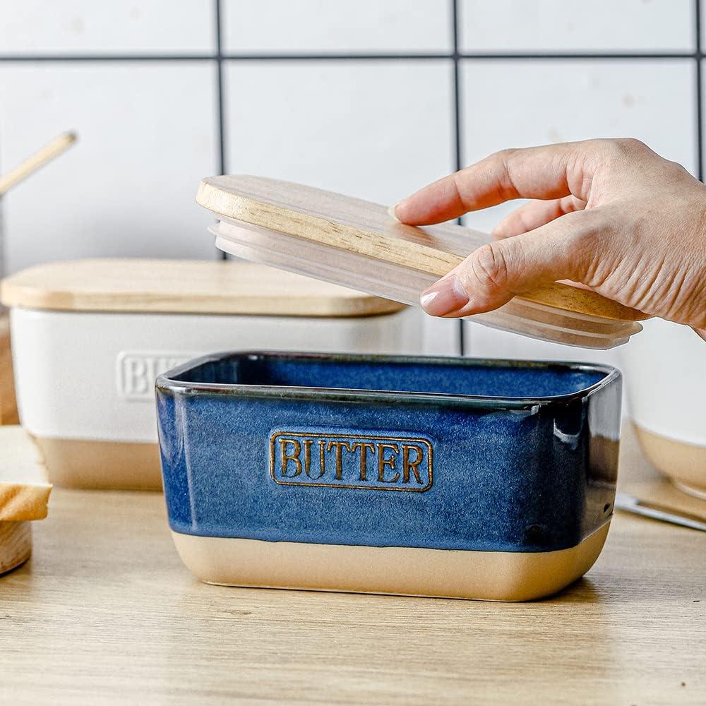 Plato de Mantequilla Cerámica HVH con Tapa de Madera Azul