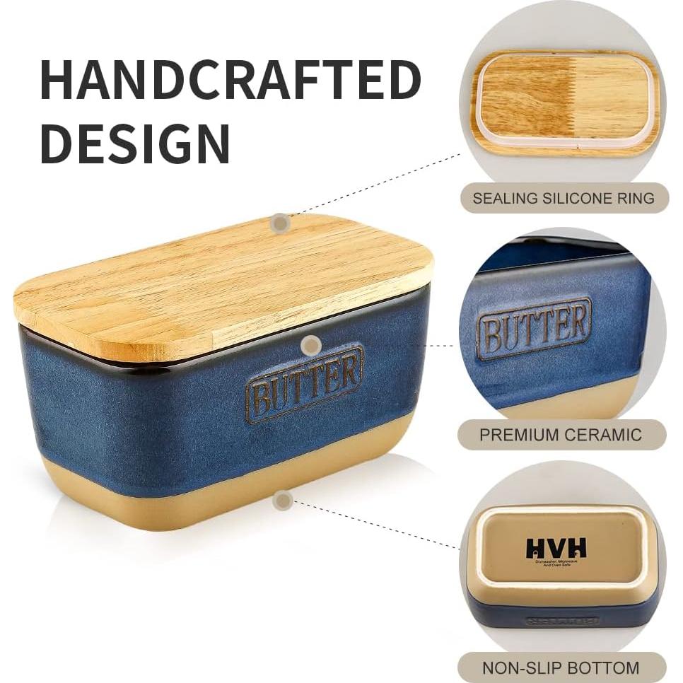Plato de Mantequilla Cerámica HVH con Tapa de Madera Azul