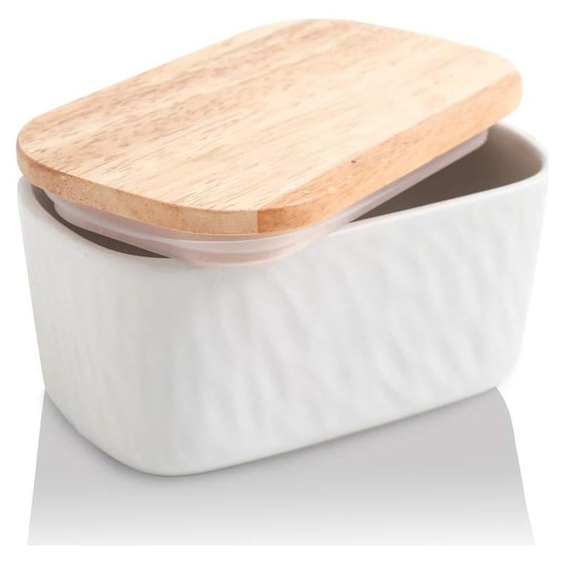 Plato de Mantequilla KOOV con Tapa de Roble - Porcelana Blanca