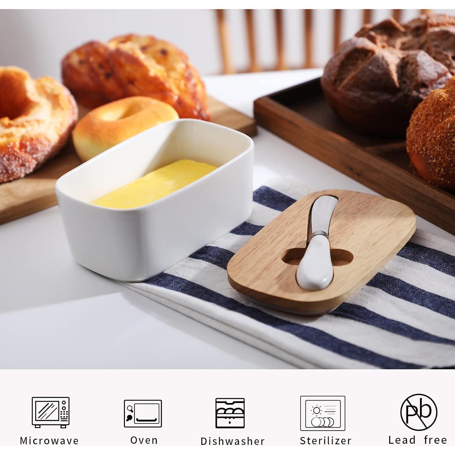 Plato de Mantequilla GDCZ Cerámico con Tapa de Madera 650ml