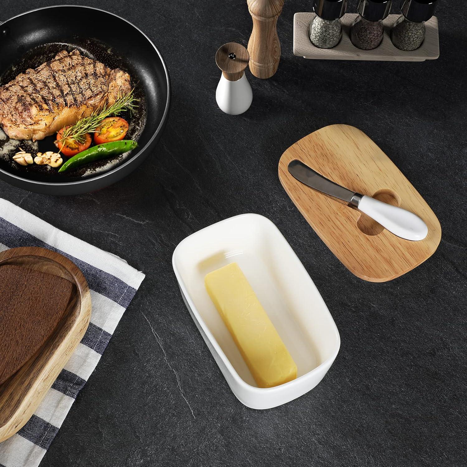 Plato de Mantequilla GDCZ Cerámico con Tapa de Madera 650ml