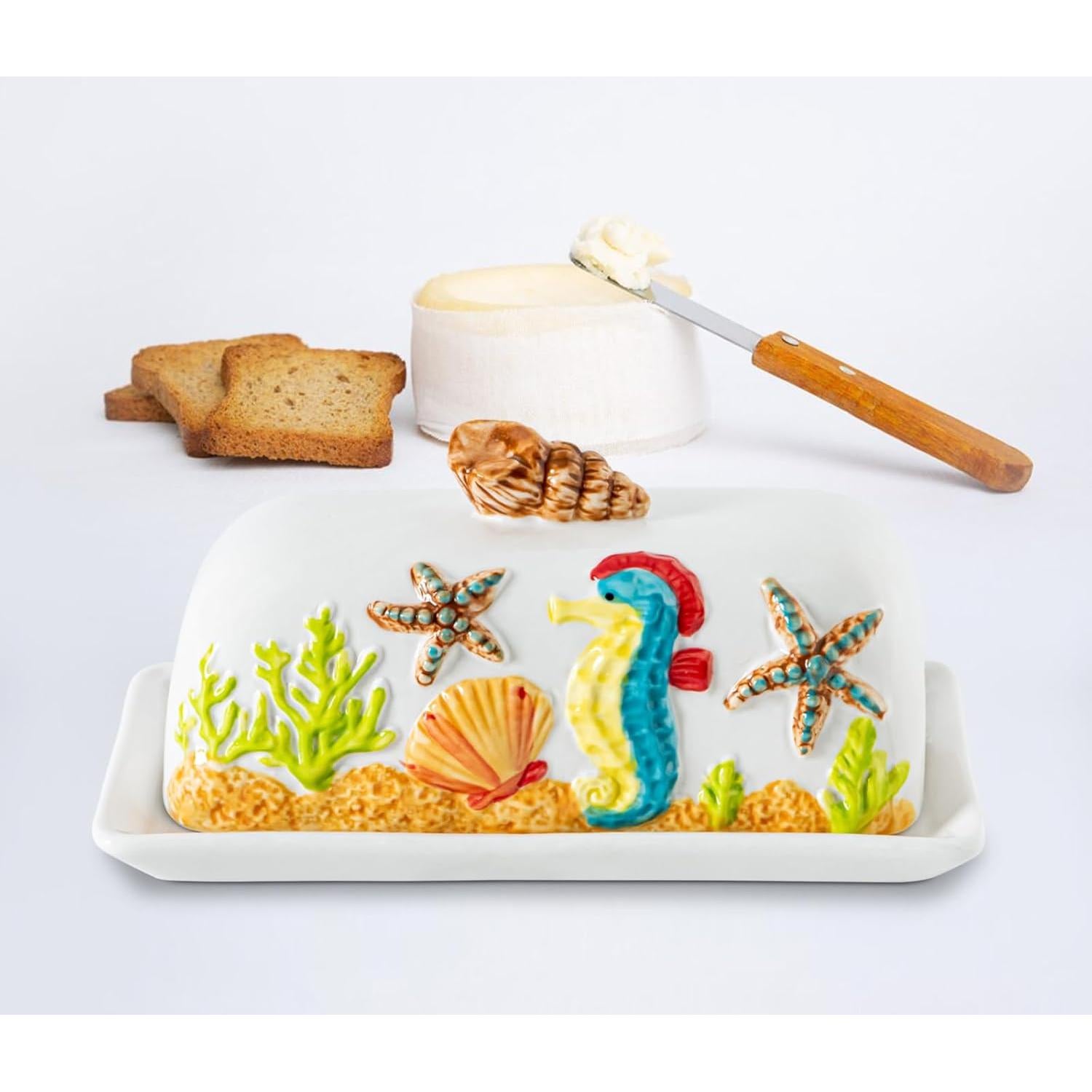 Mantequillera de cerámica temática oceánica con tapa 20x10cm