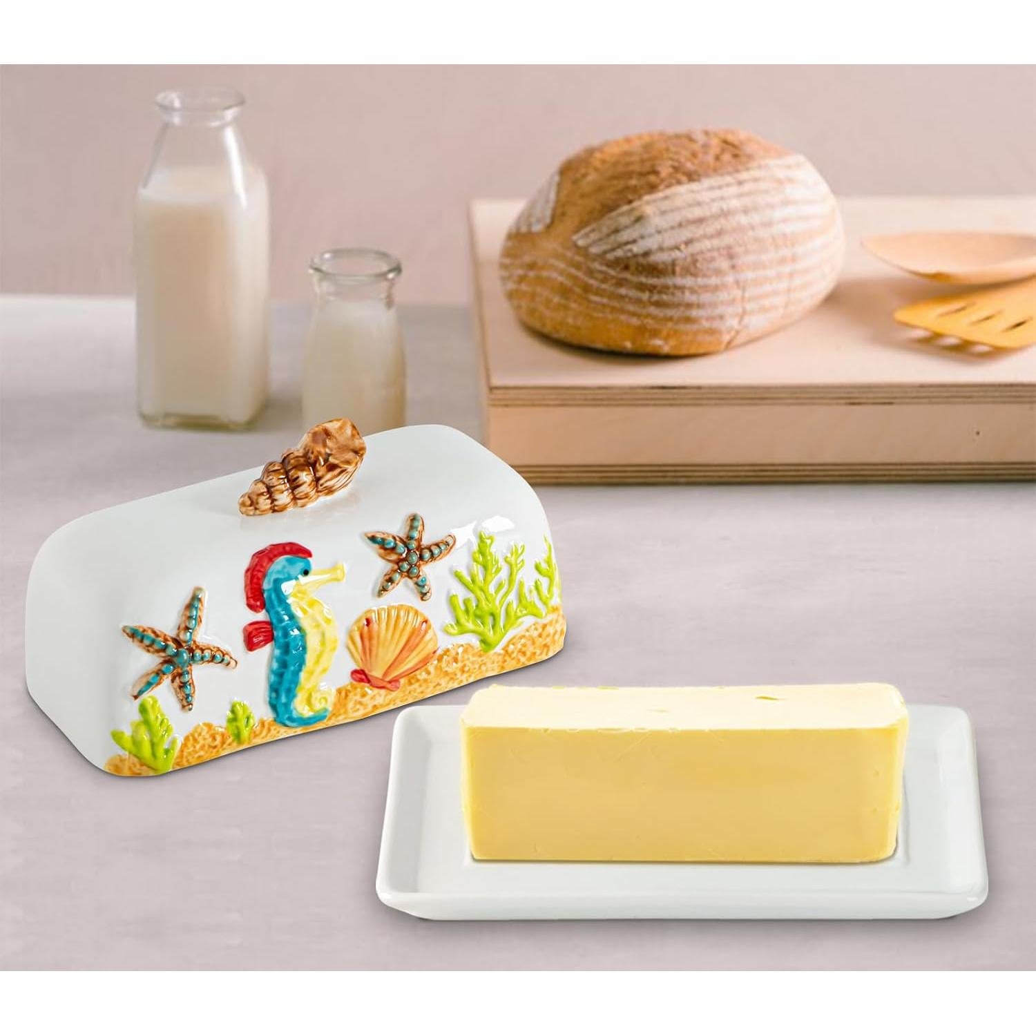 Mantequillera de cerámica temática oceánica con tapa 20x10cm