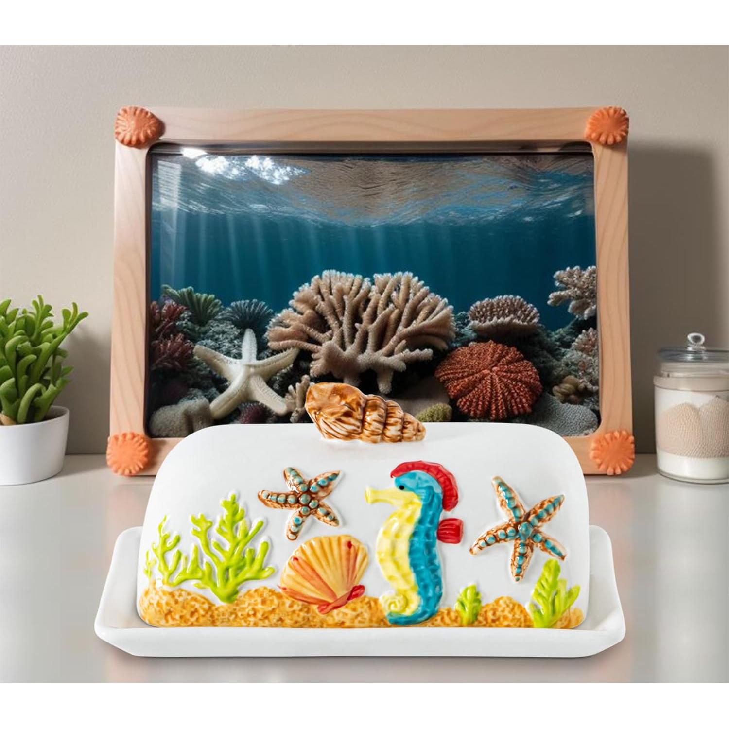 Mantequillera de cerámica temática oceánica con tapa 20x10cm