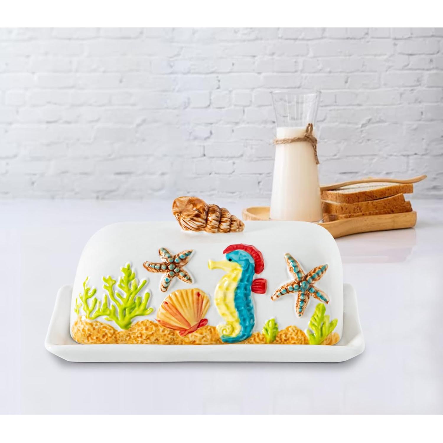 Mantequillera de cerámica temática oceánica con tapa 20x10cm