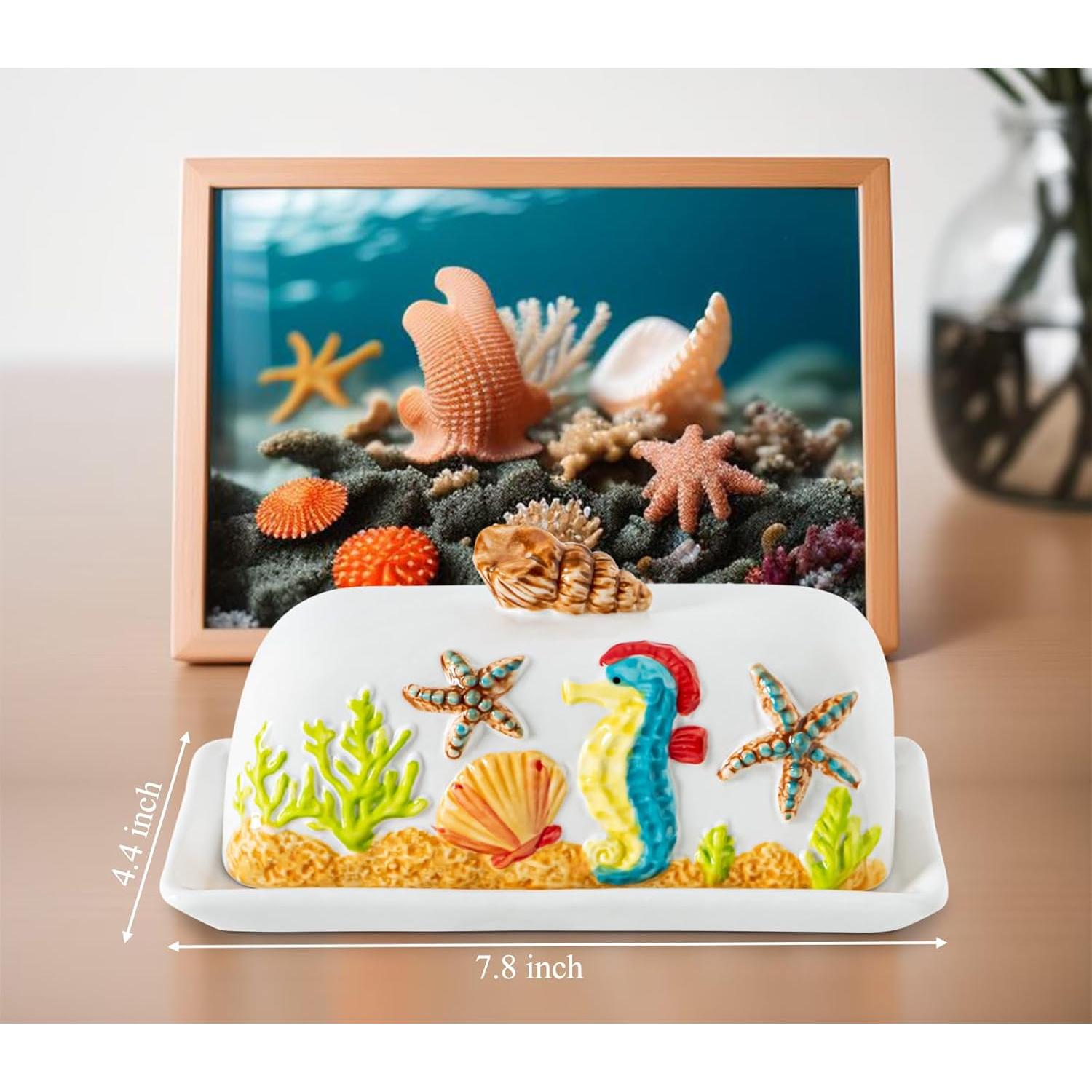 Mantequillera de cerámica temática oceánica con tapa 20x10cm