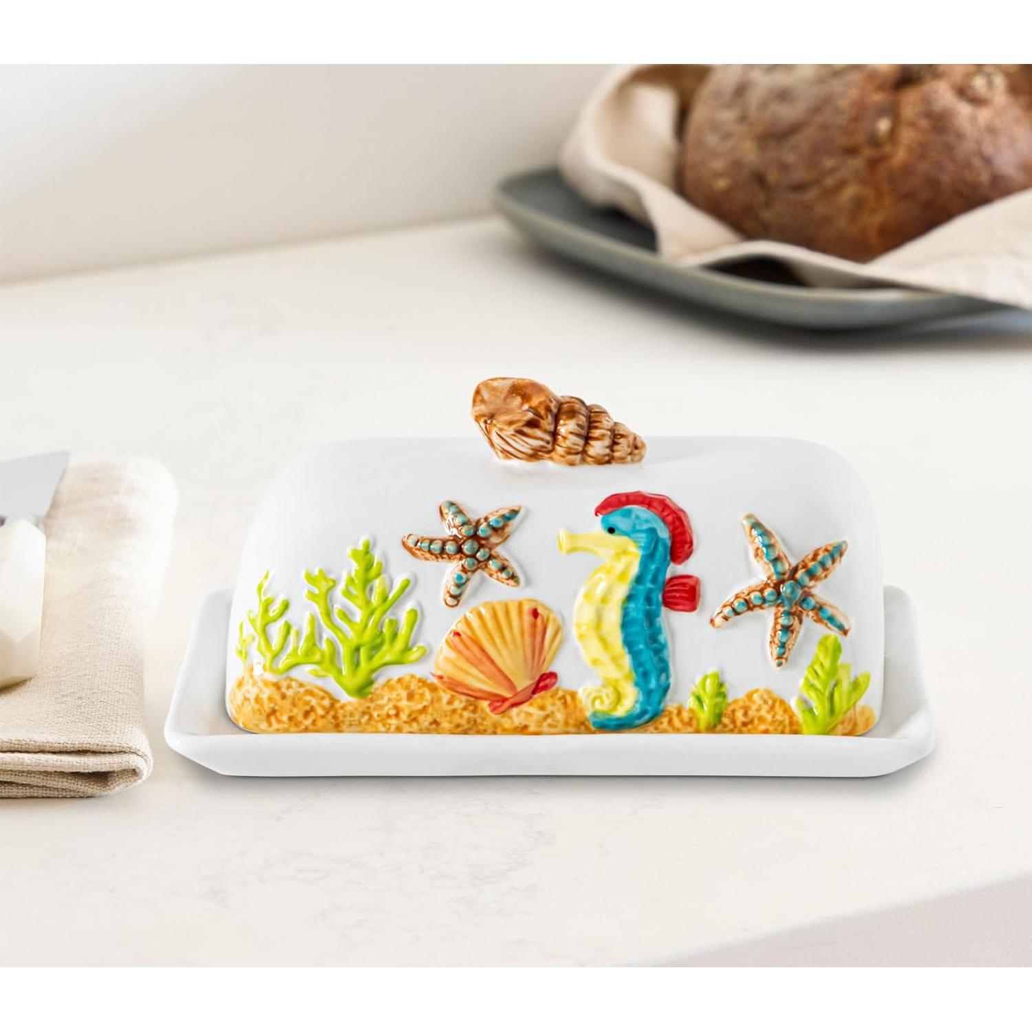 Mantequillera de cerámica temática oceánica con tapa 20x10cm