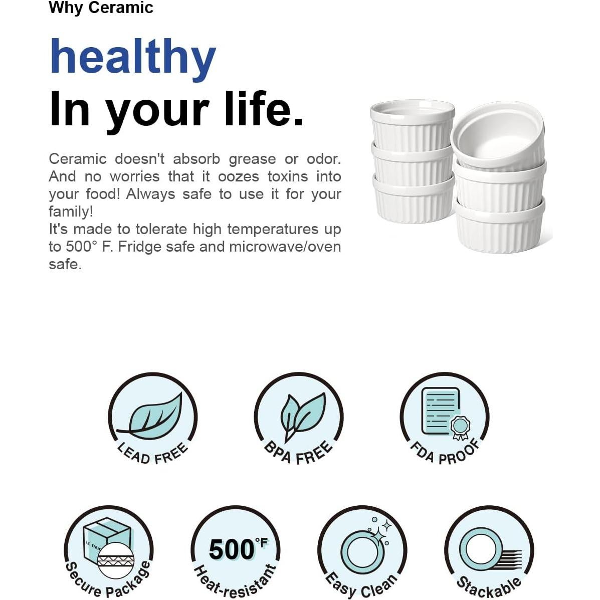 Ramekins de Cerámica LE TAUCI 4 oz Juego de 6 Blanco