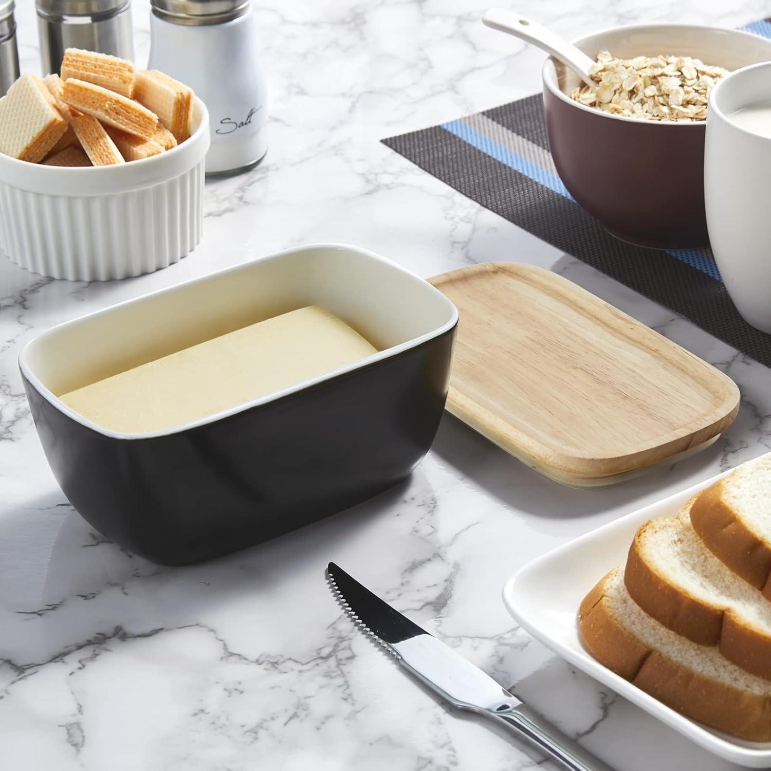 Contenedor de Mantequilla Cerámica ALELION Negro con Tapa de Madera