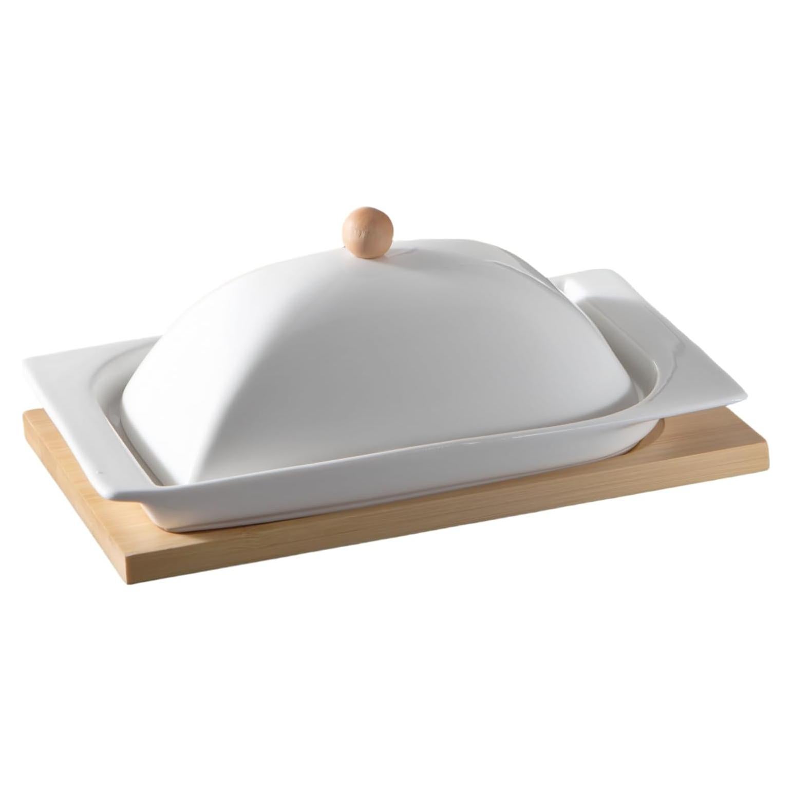 Plato de Mantequilla Cerámica HAN SHENG con Tapa y Bandeja Bambú