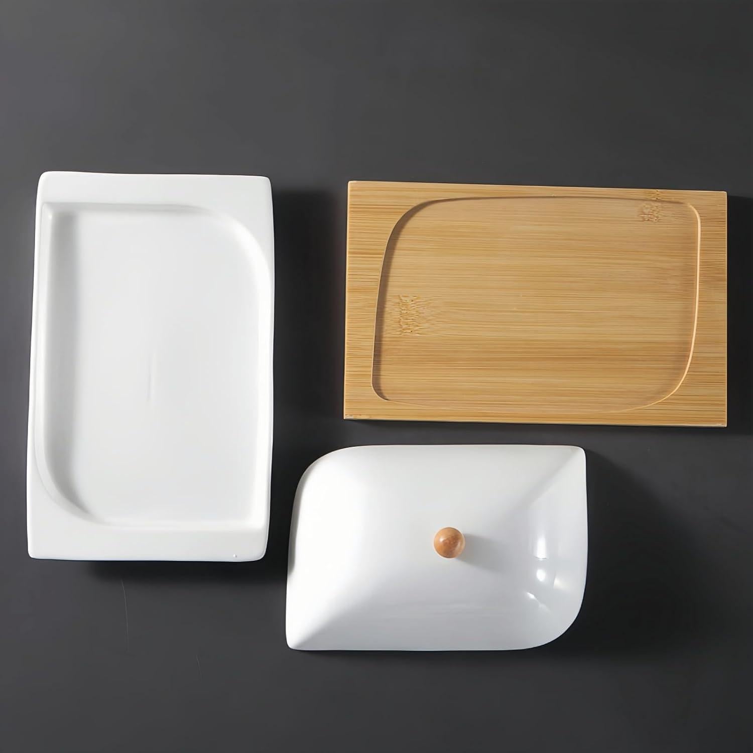Plato de Mantequilla Cerámica HAN SHENG con Tapa y Bandeja Bambú
