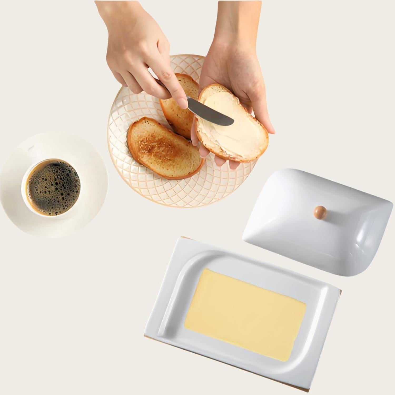 Plato de Mantequilla Cerámica HAN SHENG con Tapa y Bandeja Bambú