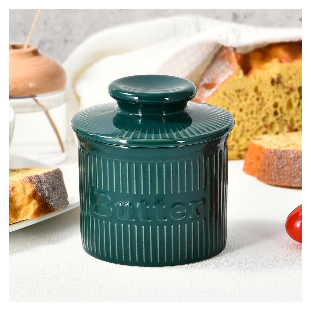 Crock de Mantequilla Francés Ursword Verde Vintage con Tapa