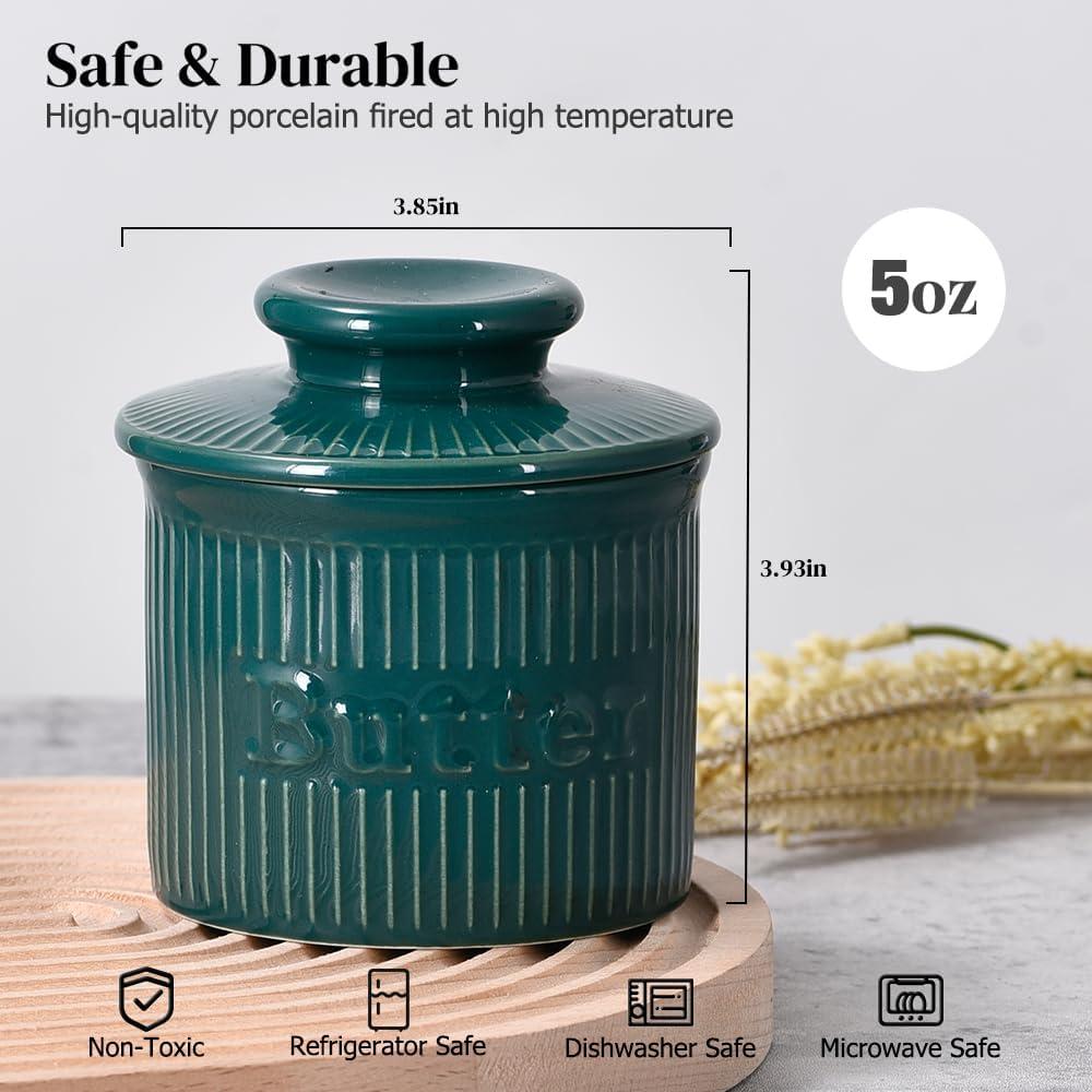 Crock de Mantequilla Francés Ursword Verde Vintage con Tapa