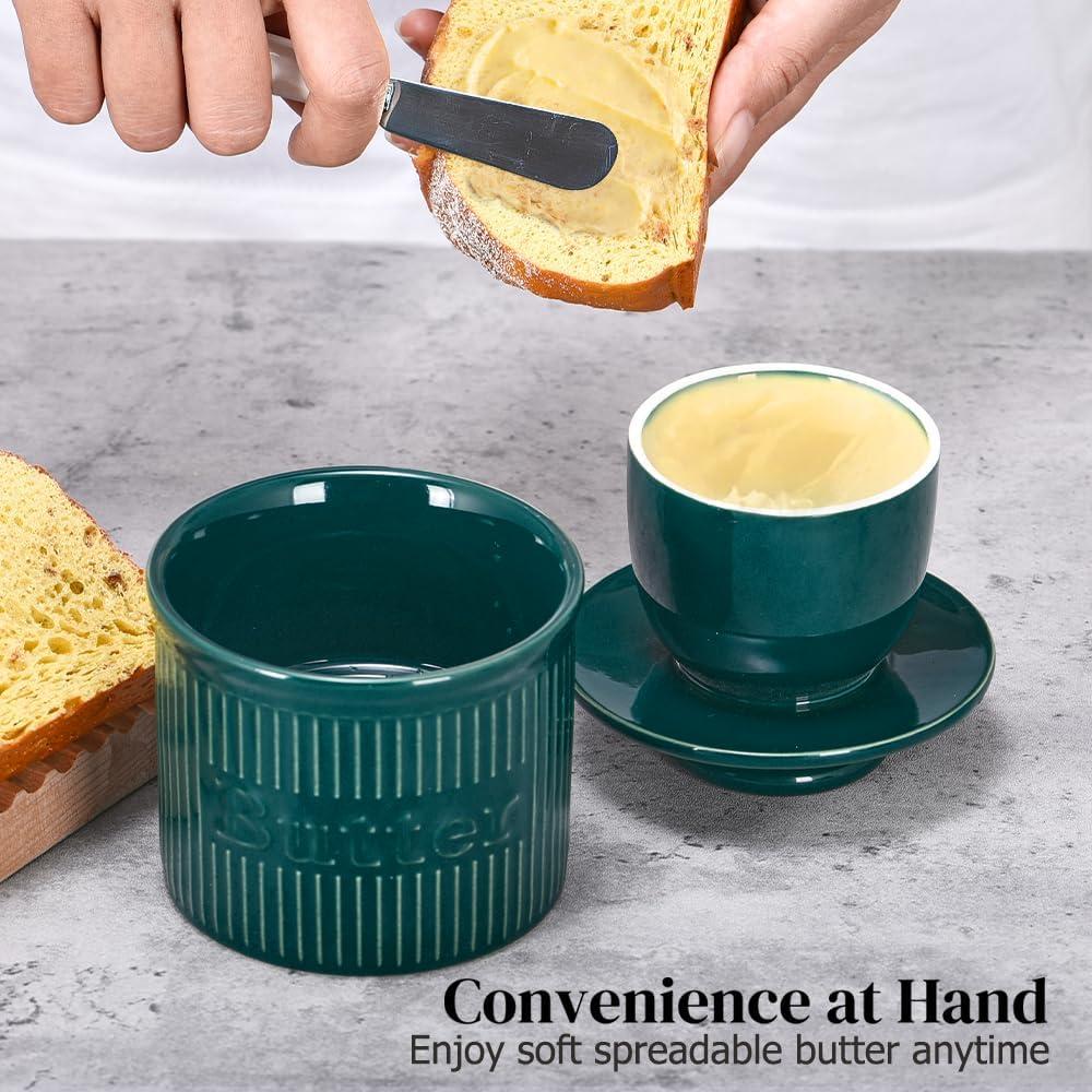 Crock de Mantequilla Francés Ursword Verde Vintage con Tapa