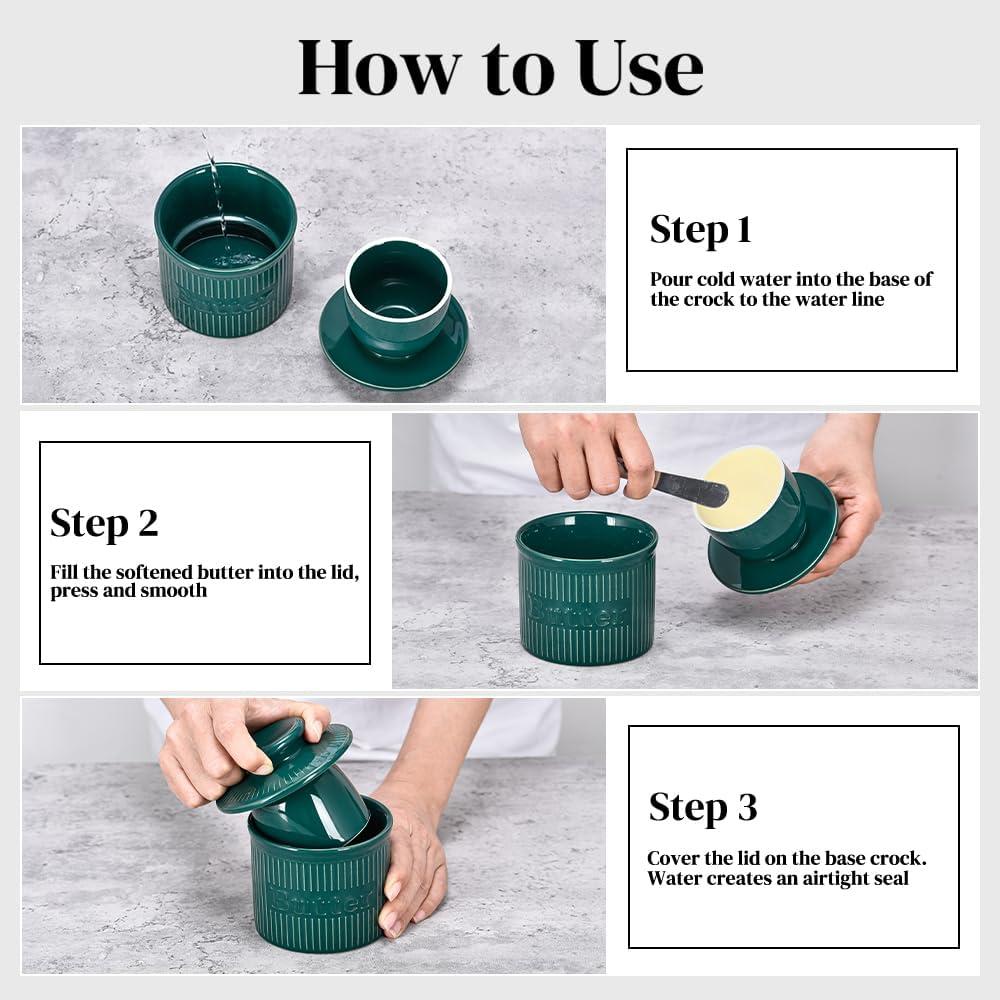 Crock de Mantequilla Francés Ursword Verde Vintage con Tapa