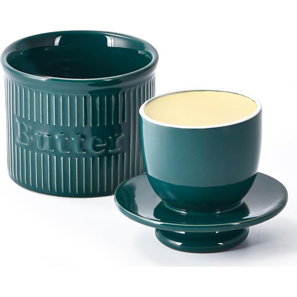 Crock de Mantequilla Francés Ursword Verde Vintage con Tapa