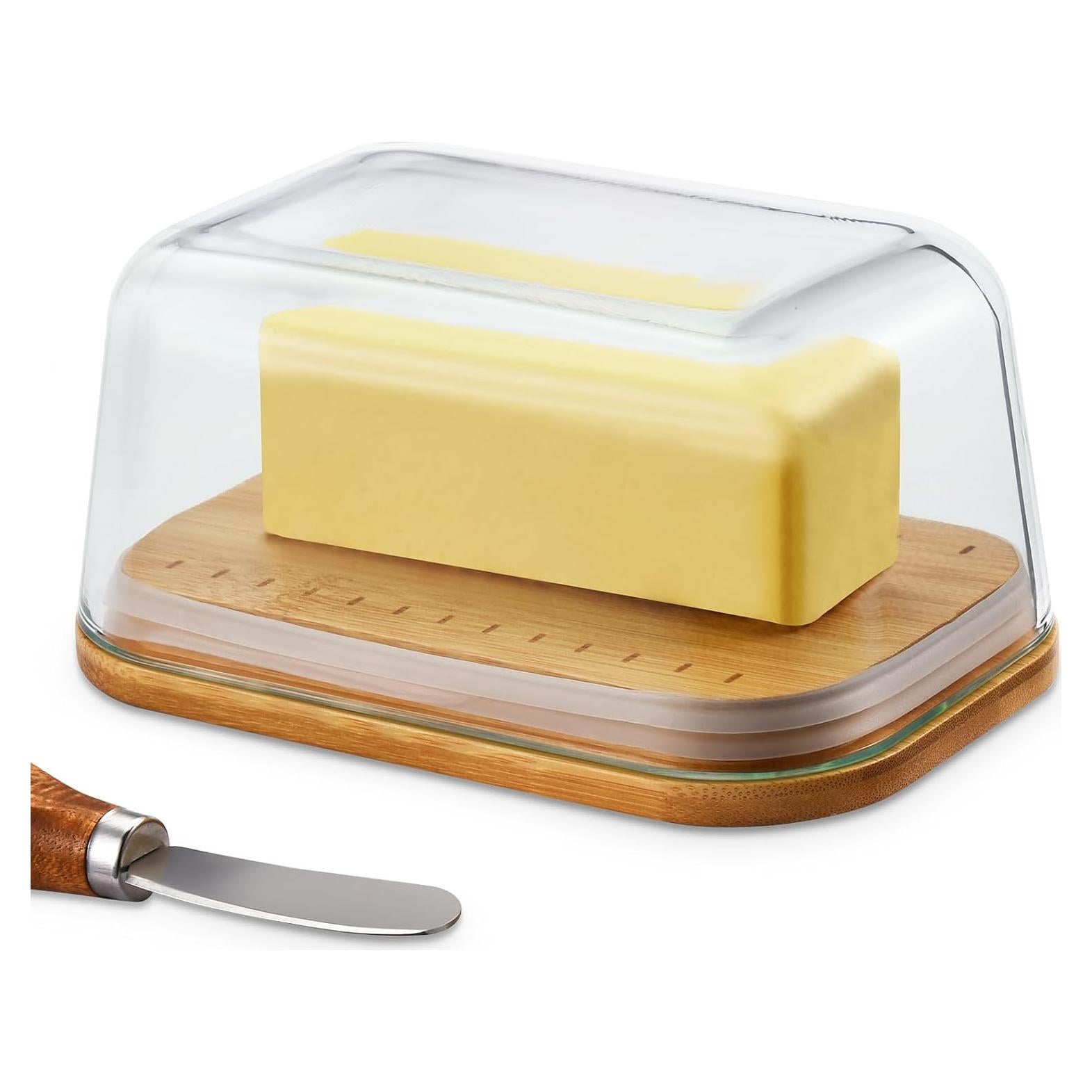 Plato de Mantequilla de Vidrio Hekeieon con Tapa de Bambú 0.76 kg