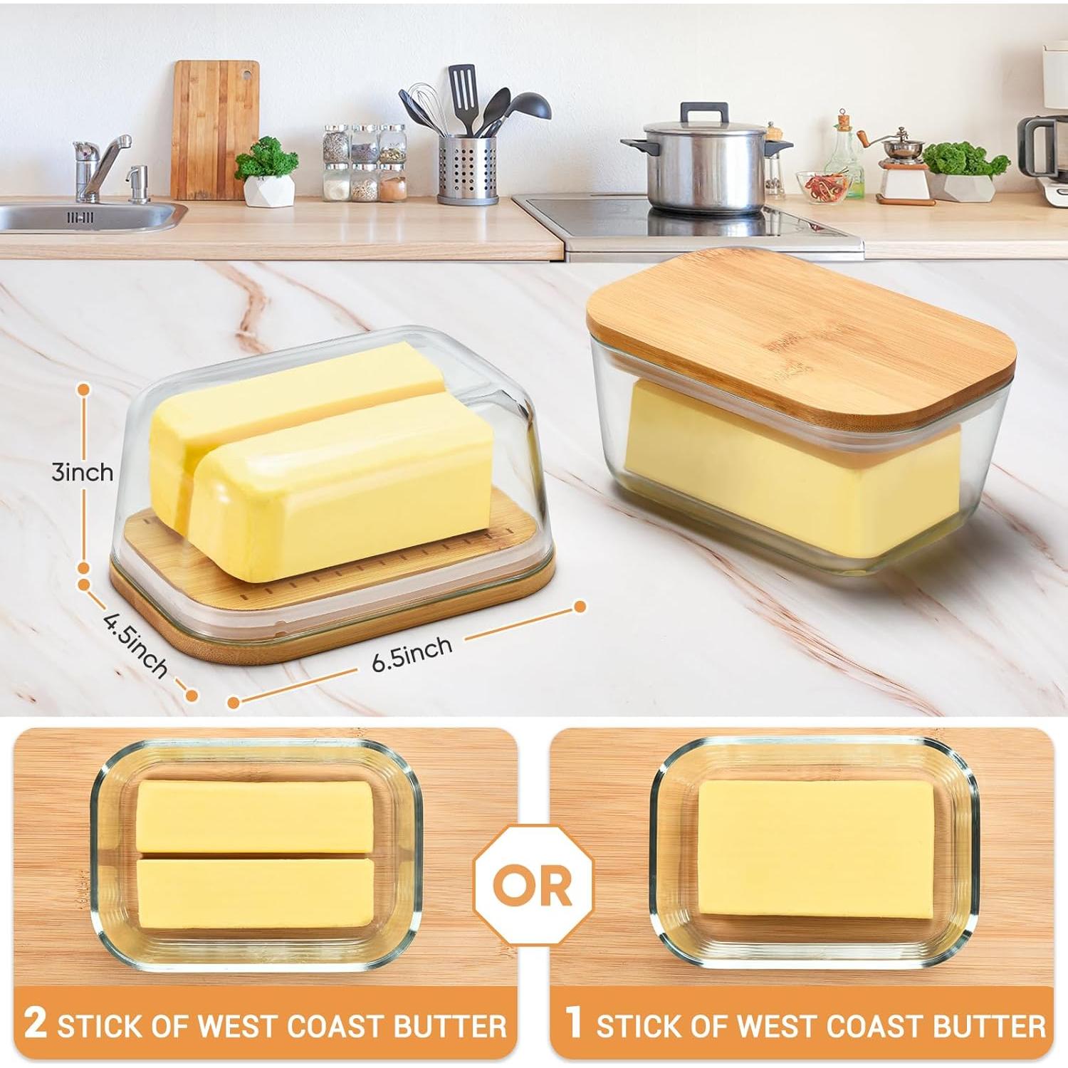 Plato de Mantequilla de Vidrio Hekeieon con Tapa de Bambú 0.76 kg